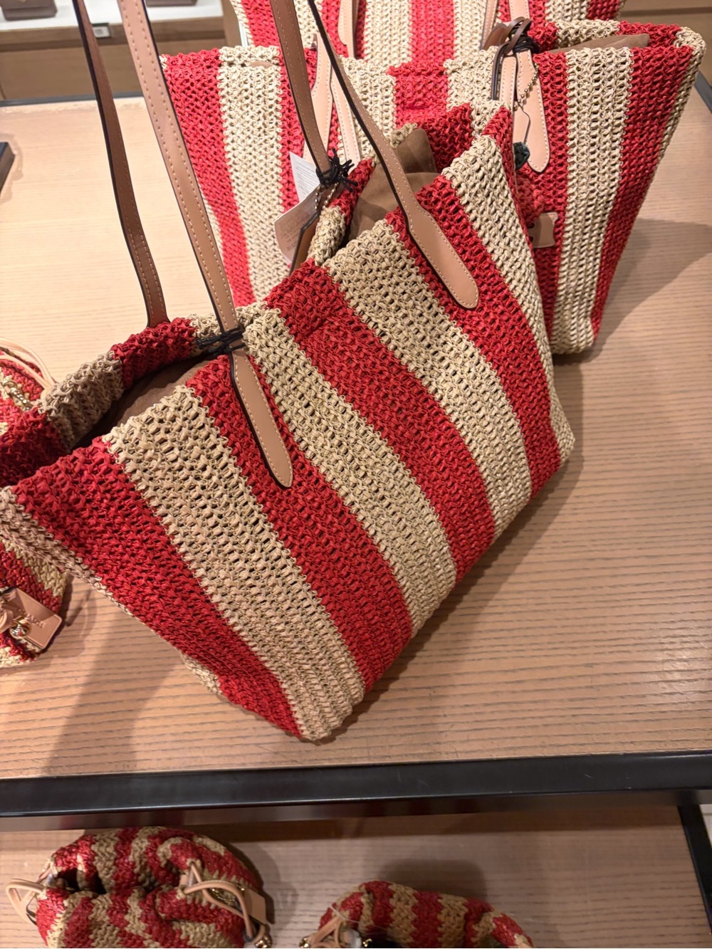 Coach Red and Cream Striped Crochet Tote with Pom-Pom Charm straw city tote new - Picture 6 of 14